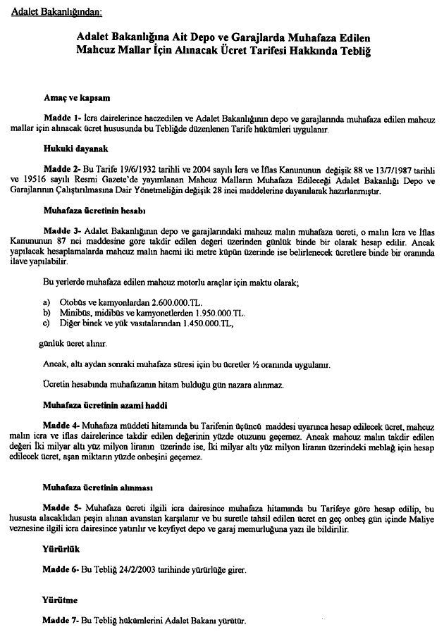 2003 Yılı Adalet Bakanlığı Yediemin Ücret Tarifesi 2 2003 Yili